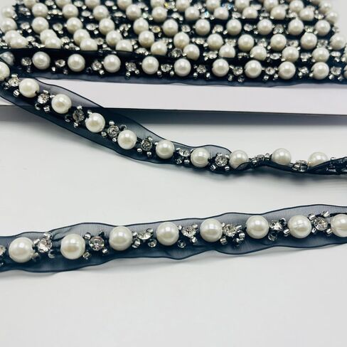 5 Yards Pearl Beaded Trim Bridal Lace Ribbon Trimming Edge Tape for Craft Sewing Wedding Dress Fabric DIY Decoration (4mm Black) in Saudi Arabia