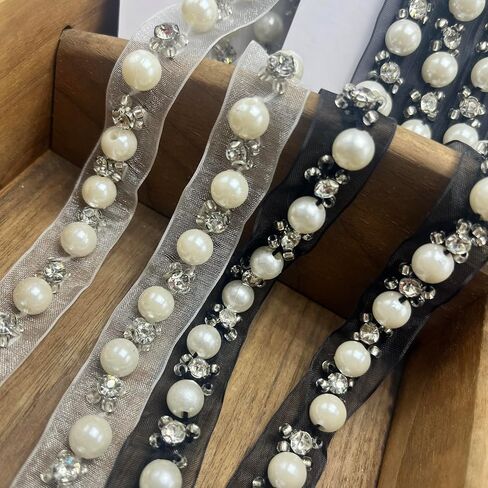 5 Yards Pearl Beaded Trim Bridal Lace Ribbon Trimming Edge Tape for Craft Sewing Wedding Dress Fabric DIY Decoration (4mm Black) in Saudi Arabia