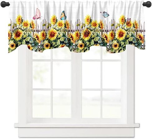 ستارة معالجة نافذة عباد الشمس مقاس 54 × 18 بوصة ريفي ريفي أصفر زهري فراشة أوراق خضراء ستارة نافذة مع جيب قضيب عباد الشمس سياج نافذة ستارة مطبخ ديكور غرفة الطعام in Kuwait