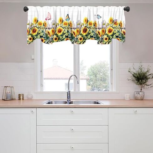 ستارة معالجة نافذة عباد الشمس مقاس 54 × 18 بوصة ريفي ريفي أصفر زهري فراشة أوراق خضراء ستارة نافذة مع جيب قضيب عباد الشمس سياج نافذة ستارة مطبخ ديكور غرفة الطعام in Kuwait