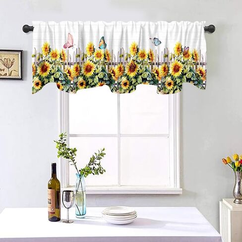 ستارة معالجة نافذة عباد الشمس مقاس 54 × 18 بوصة ريفي ريفي أصفر زهري فراشة أوراق خضراء ستارة نافذة مع جيب قضيب عباد الشمس سياج نافذة ستارة مطبخ ديكور غرفة الطعام in Kuwait