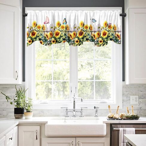 ستارة معالجة نافذة عباد الشمس مقاس 54 × 18 بوصة ريفي ريفي أصفر زهري فراشة أوراق خضراء ستارة نافذة مع جيب قضيب عباد الشمس سياج نافذة ستارة مطبخ ديكور غرفة الطعام in Kuwait