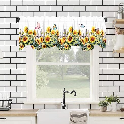 ستارة معالجة نافذة عباد الشمس مقاس 54 × 18 بوصة ريفي ريفي أصفر زهري فراشة أوراق خضراء ستارة نافذة مع جيب قضيب عباد الشمس سياج نافذة ستارة مطبخ ديكور غرفة الطعام in Kuwait