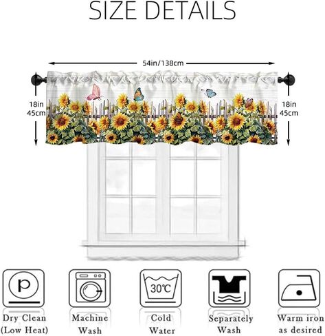 ستارة معالجة نافذة عباد الشمس مقاس 54 × 18 بوصة ريفي ريفي أصفر زهري فراشة أوراق خضراء ستارة نافذة مع جيب قضيب عباد الشمس سياج نافذة ستارة مطبخ ديكور غرفة الطعام in Kuwait