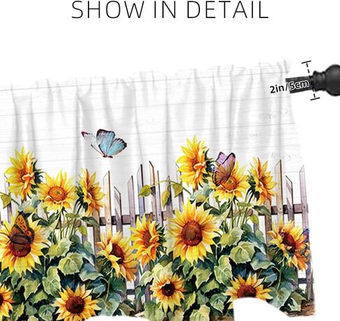 ستارة معالجة نافذة عباد الشمس مقاس 54 × 18 بوصة ريفي ريفي أصفر زهري فراشة أوراق خضراء ستارة نافذة مع جيب قضيب عباد الشمس سياج نافذة ستارة مطبخ ديكور غرفة الطعام in Kuwait