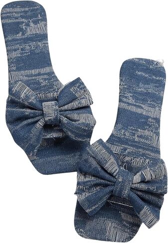 GORGLITTER Women's Bow Decor Distressed Denim Flats Square Open Toe Single Band Slide Sandals in Saudi Arabia