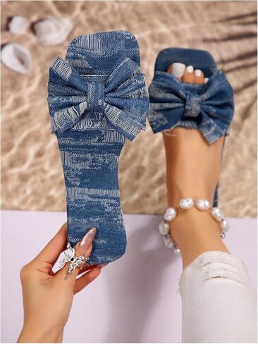 GORGLITTER Women's Bow Decor Distressed Denim Flats Square Open Toe Single Band Slide Sandals in Saudi Arabia