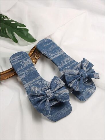 GORGLITTER Women's Bow Decor Distressed Denim Flats Square Open Toe Single Band Slide Sandals in Saudi Arabia