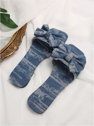 GORGLITTER Women's Bow Decor Distressed Denim Flats Square Open Toe Single Band Slide Sandals in Saudi Arabia