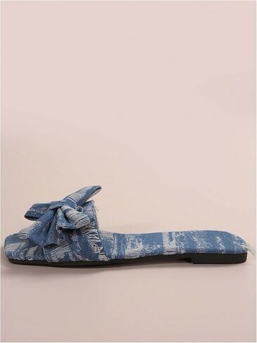 GORGLITTER Women's Bow Decor Distressed Denim Flats Square Open Toe Single Band Slide Sandals in Saudi Arabia