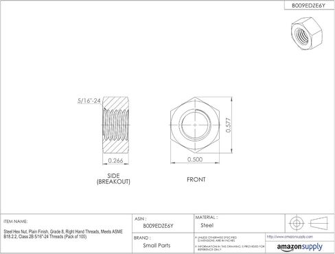 Steel Hex Nut, Plain Finish, Grade 8, ASME B18.2.2, 1/4"-28 Thread Size, 7/16" Width Across Flats, 7/32" Thick (Pack of 100) in Saudi Arabia