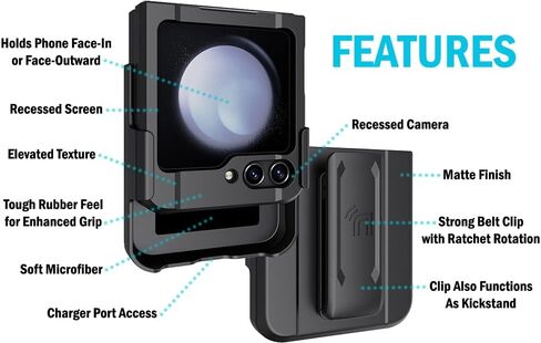 حافظة مع مشبك لهاتف Galaxy Z Flip 5 5G، غطاء متين من Nakedcellphone Special Ops التكتيكي وحافظة للورك بحزام سقاطة لهاتف Samsung Z Flip5 (SM-F731U) - تصميم من ألياف الكربون الأسود in Kuwait