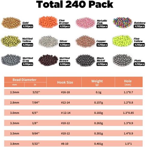 240pcs Tungsten Slotted Beads Assorment, 12 Colors Fly Tying Nymph Head Tungsten Beads Assorted with Tackle Box, 3.8mm in Saudi Arabia