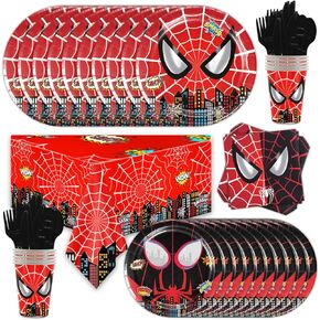 81pcs Red Spider Web Superhero Supplies 10-Person Party Disposable Tableware for Kids' Birthday Table Decor Super Hero Cityscape Theme Paper Plates Cups Napkins and Other Decorations