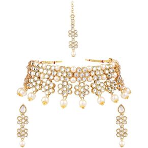 Efulgenz Indian Jewelry Choker Kundan Crystal Floral Necklace Earrings Maang Tikka Head Chain Bollywood Wedding Bridal Set