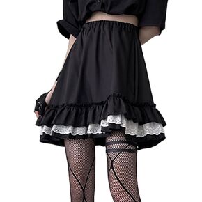 Goth Skirt Women Harajuku High Elastic Waist Lace Black Mini Skirts Punk Gothic Pleated Skirt Cute Girl