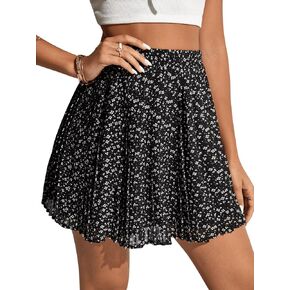Milumia Women's Ditsy Floral Pleated Short Skirt Elastic High Waisted Flare Mini Skirts