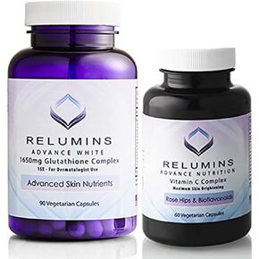 Relumins Advanced White Set - 1650mg Glutathione Complex (90 Capsules) and Advanced Vitamin C with Rose HIPS and Bioflavonoids (60 Capsules) Bundle
