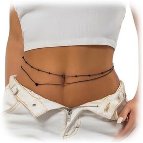 Simple Double-Layer Metal Bead Waist Chain Sexy Crystal Bikini Bead Belly Body Chain Summer Beach Waist Body Accessories Jewelry for Women Girls (Black)