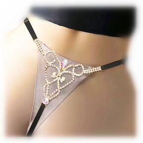 Sexy Bikini Rhinestone Mesh Thong Panties Summer Beach Crystal Waist Chain Thong Elasticity Rhinestone Rave G String Waist Body Chain Jewelry for Women Sliver