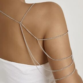 Boho Layered Leaf Pendant Silver Shoulder Chain Bikini Bra Body Halter Backless Chain Summer Beach Body Chain for Women Girls Punk Jewelry