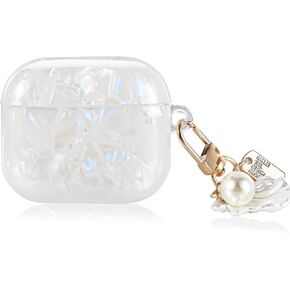 Manleno Compatible with Airpods 3rd Generation Case with Pearl Keychain Strap Cute Cartoon Design Women Girls Soft Protective Case Cover Replacement for Apple Airpods 3 2021 (Minnie)