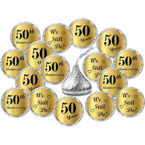 Gold Foil 50th Anniversary Kisses Stickers, (Set of 216) Chocolate Drops Labels Stickers for 50th Wedding Anniversary, Party Favors Decor for Kisses. Made in USA