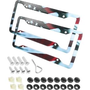 2 Pack License Plate Frames,License Plate Frame,American Flag License Plate Cover,Car Accessories Aluminum License Plate Holder with Screws,US Flag License Plate Frames for Men Women Vehicle
