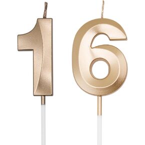 Champagne Gold 16th & 61st Birthday Candles for Cakes, Number 16 61 Candle Cake Cupcake Topper for Birthday Anniversary Party Decoration