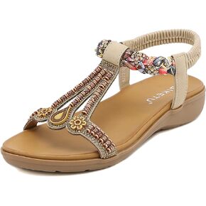 Womens T-Strap Sandals Bohemian Beaded Flat Sandals Ladies Comfortable Open Toe Elastic Ankle Strap Sandals Dress Summer Beach Shoes