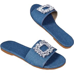 Verdusa Women's Rhinestone Denim Sandals Casual Open Toe Slip On Slides