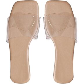 Verdusa Women's Clear Square Toe Slide Sandals Summer Slip On Flat Sandals