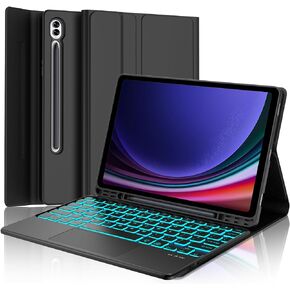 KVAGO Samsung Galaxy Tab S9 11 Inch Keyboard Case, Galaxy Tab S9 FE 10.9 Inch Case with Keyboard, Smart Folio Case with Pen Holder - 7 Colors Backlit Keyboard, Black
