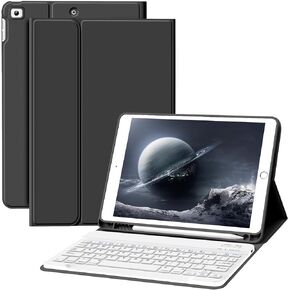 حافظة JKSML مقاس 9.7 بوصة لجهاز iPad الجيل السادس/الخامس 2018/2017 مع لوحة مفاتيح وحامل أقلام، ولوحة مفاتيح بلوتوث لاسلكية قابلة للفصل وقابلة لإعادة الشحن، وغطاء للنوم/الاستيقاظ التلقائي لجهاز iPad Air 2/ iPad Air 1، أسود