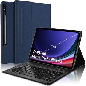 حافظة لوحة مفاتيح SENGBIRCH الإسبانية Ñ لجهاز Samsung Galaxy Tab S9+ Plus/S8+/S7 FE/S7+ Plus (12.4 بوصة)، بلوتوث USB-C قابلة لإعادة الشحن - حافظة ذكية للنوم/الاستيقاظ التلقائي متوافقة مع قلم S، أزرق داكن
