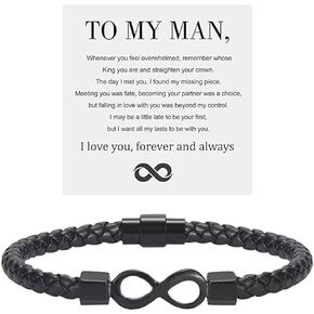 To My Man Bracelet Infinity Bracelet Black Leather Bracelet Husband Gifts from Wife I Love You Forever and Always Bracelet Boyfriend Birthday Christmas Gifts for Men