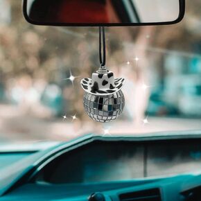 Black Cow Print Car Accessories, Car Disco Ball, Disco Ball Car Mirror Ornament, Car Mirror Hanging Accessories, Cowboy Hat Car Charm, Disco Ball Rear View Mirror Hanger, Disco Car Charm Interior
