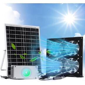 Solar Powered Fan with Rechargeable Battery, 25w Solar Panel Exhaust Fan with 16Ft On/Off Cable for Outside/Inside Shed, Chicken Coop, Warehouse, Doghouses Cooling Ventilation