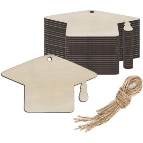 20pcs Grad Cap Wood Hanging Ornaments Wooden Graduation Hat Shaped DIY Crafts Cutouts with Hole Hemp Ropes Wood Tags for Graduation Party Decorations