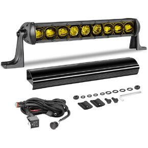 12 Inch Amber Light Bar Kit, AKD Part 63W Slim Single Row LED Light Bar w/Wiring Harness Black Cover Spot Flood Combo LED Bumper Light Bar Yellow Fog Light for UTV ATV SUV Truck Pickup Can-am Honda