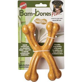 SPOT Bam-bones PLUS Double Wishbone -Bamboo Fiber & Nylon, Durable Long Lasting Dog Chew for Aggressive Chewers for Dogs & Puppies under 90lbs, Non-Splintering, 7in, Allergen Free Peanut Butter Flavor