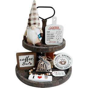 Coffee Bar Decor, 7PCS Farmhouse Coffee Gnome Tiered Tray Decor, Coffee Signs for Coffee Bar deocr, Coffee Bar Accessories Kitchen Table Decoration