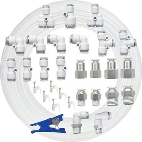 Pneumatic Air Line Tubing Kit, 1/4 Inch (6.35MM) OD x 32 Feet Polyamide Nylon Tube and Push to Connect Fittings, 31 PCS Compressed Pipe and Accessories Kit