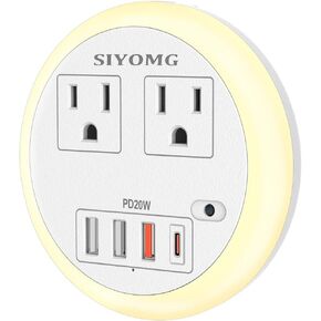 Outlet Extender with Night Light, Multi Plug Outlet Splitter with 4 USB Ports (PD -Type C 20W) Wall Charger, Mini Power Strip Plug Expander for Travel Home Office Dorm Room