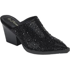 Forever Women Pointed Toe Rhinestone Slip on Mules Chunky Heel Sandals