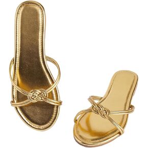 GORGLITTER Women's Braided Strappy Sandals Open Toe Metallic Flat Sandals Dressy Slides