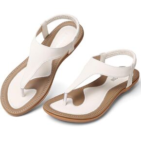 TEMOFON Sandals Women Flat Dressy: Thong Elastic Ankle Strap Summer Sandals - Comfortable Walking Beach Sandal