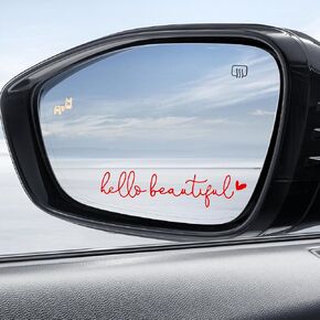 Hello Beautiful Rearview Mirror Decal Car Accessories for Women, Vinyl Rear View Mirror Window Stickers Car Decorations Gifts for Girls Self Affirmations（Red)