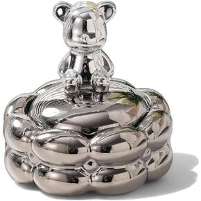 Silver Bear Decorative Ashtray with Lid, Teddy Bear Design, Home Decor for Living Room, Bedroom, Office.
