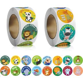1000 PCS Reward Stickers for Kids,1 Inch Animal Incentive Stickers in 16 Patterns,Teacher Supplies for Classroom,Stickers Bulk for Kids,2 Rolls Motivational Stickers for Supplies Decoration (Color 1)